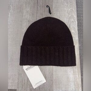 🥥NWT TESMA Cashmere Brown Fold-Over Ribbed Knit Beanie